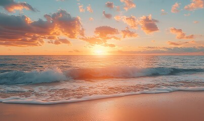 Sunrise on the beach with gentle waves and golden skies in soft pinks and oranges