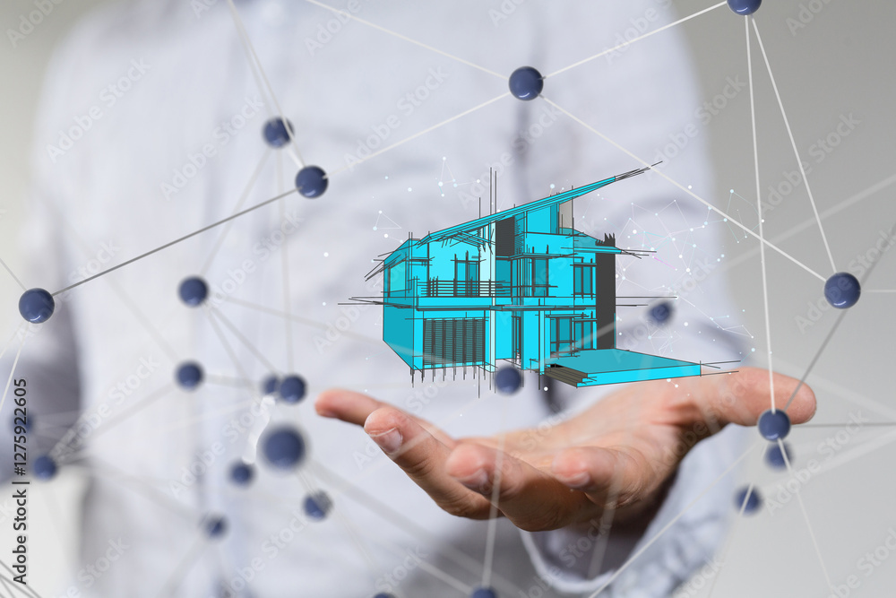 Aufkleber home data. Digital cyberspace with particles and Digital data network connections concept.