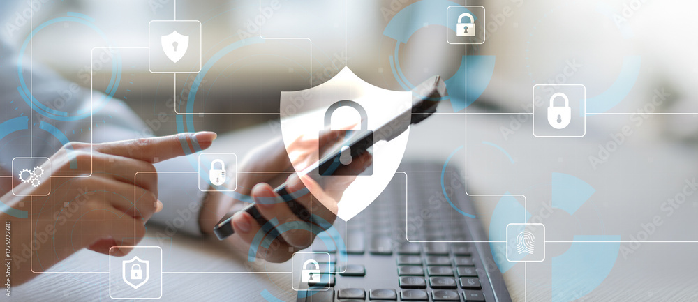 Aufkleber cybersecurity and data protection in digital networks technology concept.