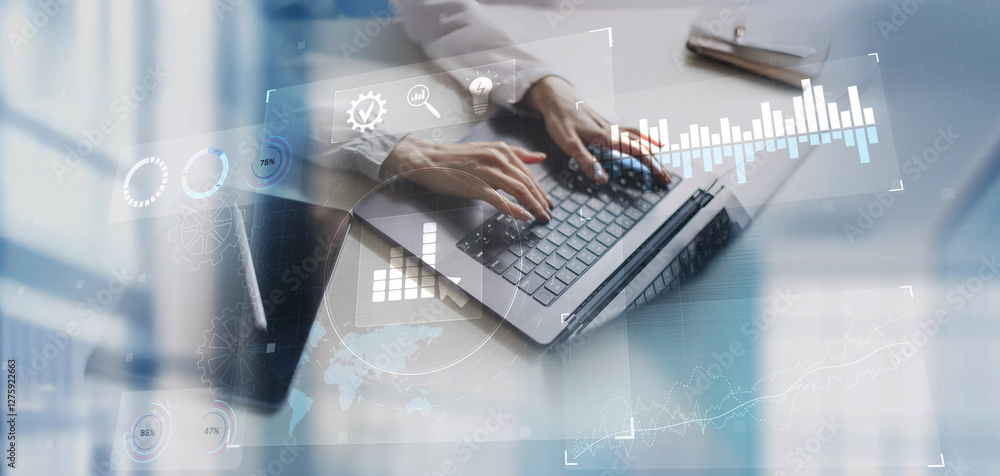 Poster business analytics and data visualization technology concept illustrated on virtual interface.