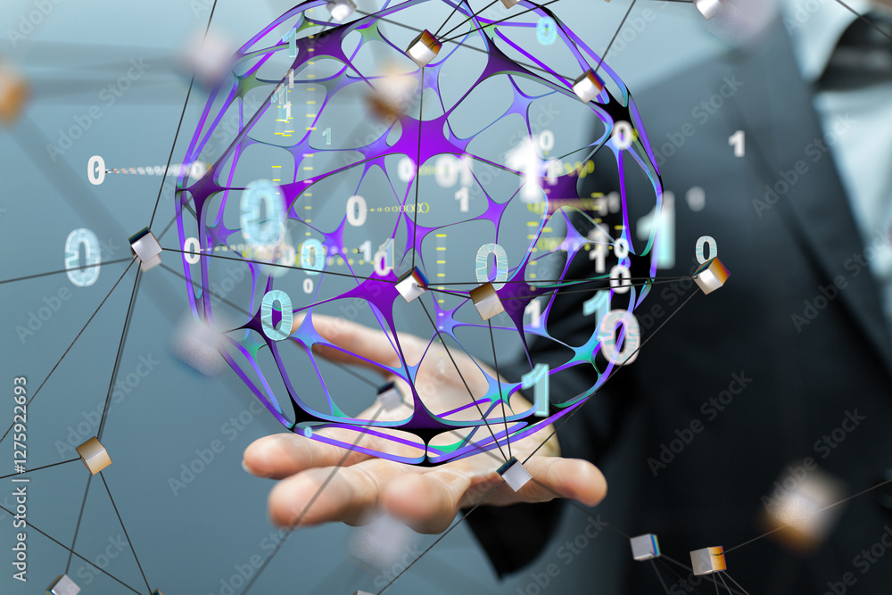 Aufkleber Global network. Blockchain. 3D illustration. Neural networks and artificial intelligence. Abstract  3d