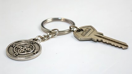 Keyring with Key on White Background