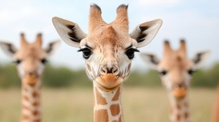 Obraz premium Baby giraffes, savanna, curious gaze, wildlife