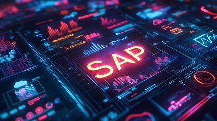 Obraz premium Futuristic digital interface featuring glowing text and vibrant design elements for technology and innovation themes.