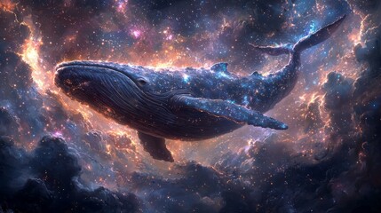 Fototapeta premium A dreamy scene of a giant whale flying through the sky, with stars and nebulae swirling around it, symbolizing wonder and exploration, in deep blues, purples, and sparkling whites