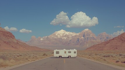 Campervan on desert road, mountains backdrop, travel freedom