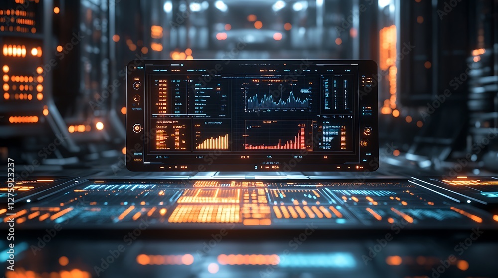 Poster futuristic digital dashboard showcasing financial data and analytics.