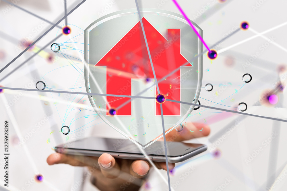 Poster home iot - Neural network 3D illustration. Big data and cybersecurity - 3d