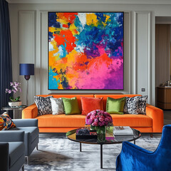 A vibrant painting adds a pop of color to the living room decor, creating a focal point in the space