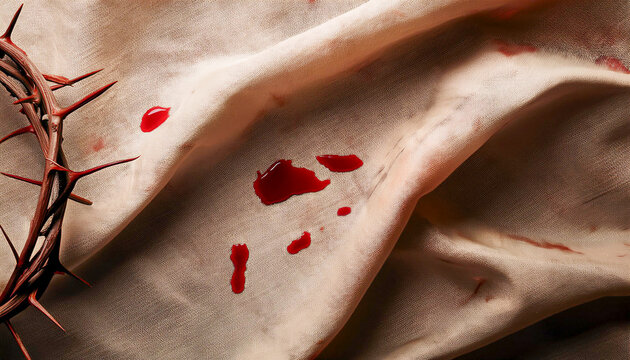 Detalle de la corona de espinas de Jesucristo durante la pasi&oacute;n de la semana santa sobre un fondo de tela de lino manchado de sangre. Plantilla para cartel