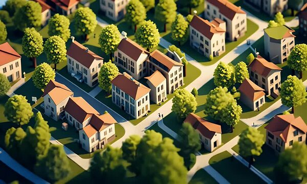 Top-down view of a stylized residential area with houses, trees, and streets.