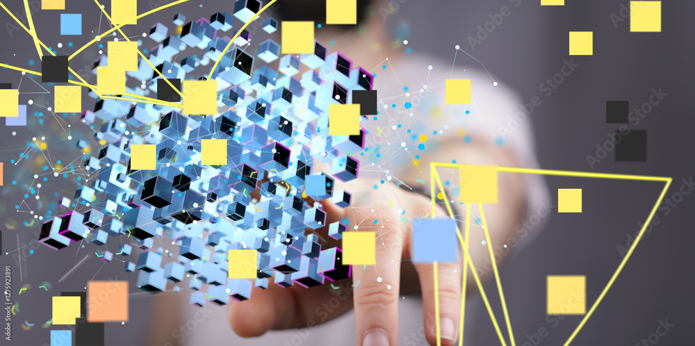 Poster Data cloud storage network from lines, triangles and particle style design. 3d