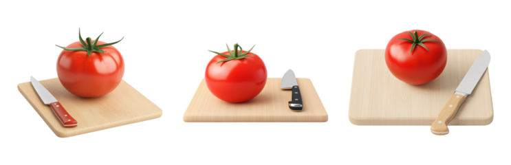 Fresh Tomatoes with Kitchen Knives on Cutting Boards Isolated on transparent background
