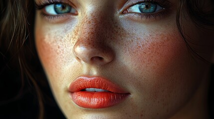 A striking female model with vibrant pink lips, half her face in shadow, exuding bold elegance and mystery.