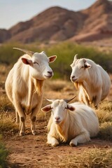 Fototapeta premium three wild goats in a dry grassland