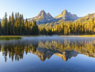 Glass-like lake mirrors towering pine trees beneath gentle morning mist, fostering tranquility and a deep bond with nature's pristine essence.