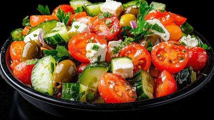 A vibrant bowl of mixed salad overflowing with fresh greens, vegetables, and dressing for a healthy lifestyle