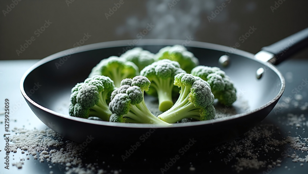 Poster there are several broccoli florets in the pan. they are covered with frost, which indicates that the