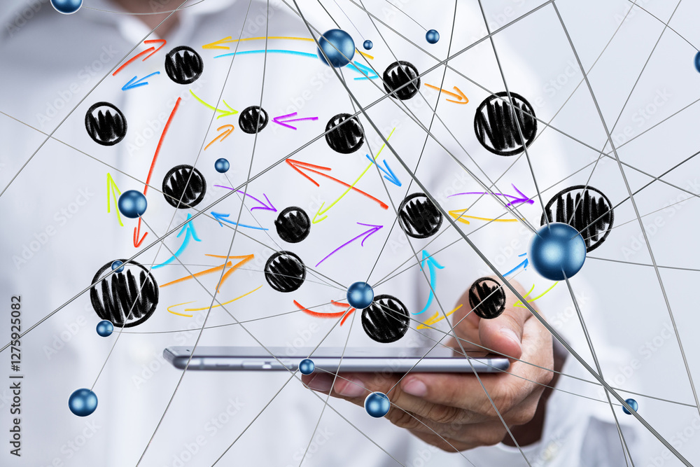 Poster global network. blockchain. 3d illustration. neural networks and artificial intelligence. abstract