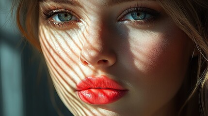 A striking female model with vibrant pink lips, half her face in shadow, exuding bold elegance and mystery.