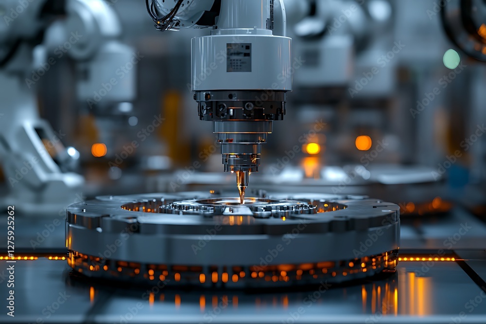 Poster Futuristic automated CNC machining process showcasing advanced technology in manufacturing.