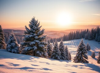 Fototapeta premium Snow Covered Fir Trees in Winter Mountain Landscape at Sunrise Scenic Holiday View