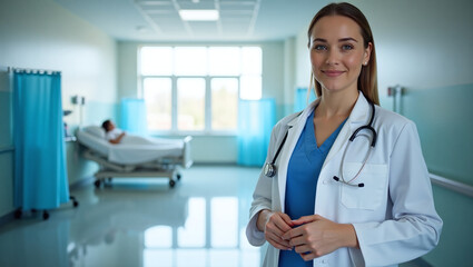 A female doctor stands in the hospital corridor. She is wearing a white lab coat and a blue medical uniform, and has a stethoscope around her neck. In the background, you can see a hospital room with 