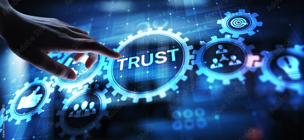 Poster trust customer relations reliability business concept. pointing and pressing on virtual screen.