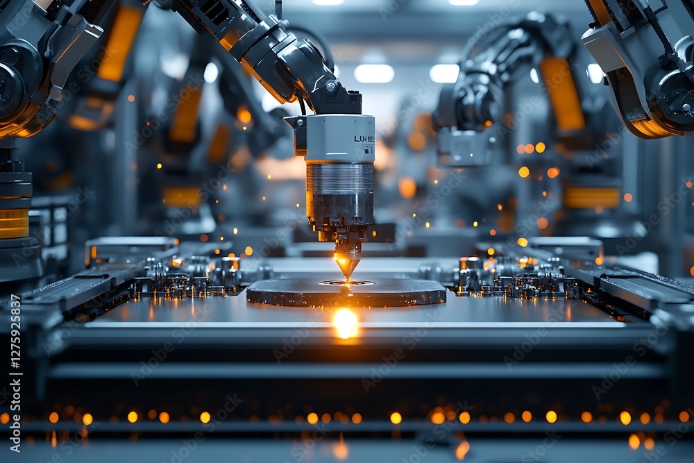 Poster futuristic automated cnc machining process showcasing advanced technology and precision engineering.