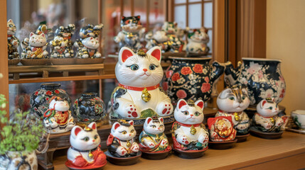 Maneki neko vector. Japanese lucky cat for money fortune. Kitty character symbol with bell on collar. Funny chinese traditional toy souvenir collection. Kawaii oriental mascot design graphic set