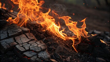 Vivid shot of burning charcoal embers glowing brightly with flames dancing upwards. Represents warmth, energy, and the primal element of fire in action