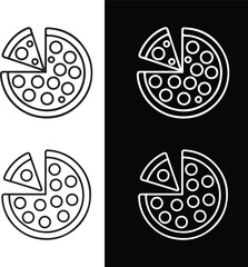 Minimalist pizza icons are arranged in a 2x2 grid vector in white and black background