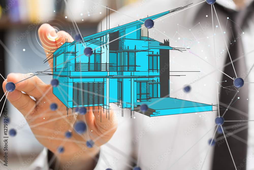 Poster home iot - neural network 3d illustration. big data and cybersecurity