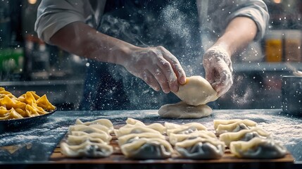 Dumpling Preparation in a Colorful Kitchen