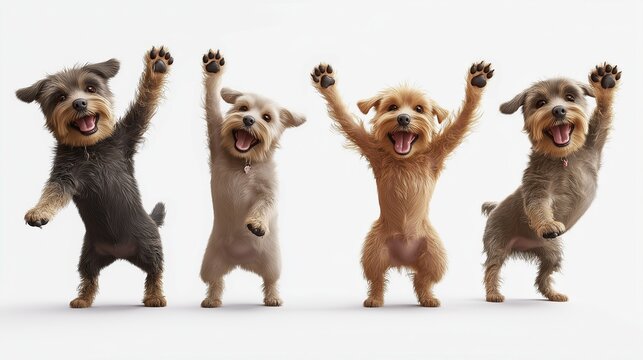 Four happy and smiling dogs dancing with their paws raised, full-body shot, white background, photorealistic, high-resolution photography