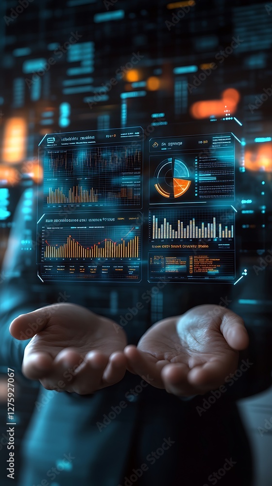 Poster A 3D floating financial analytics dashboard image showcasing data visualization and insights.
