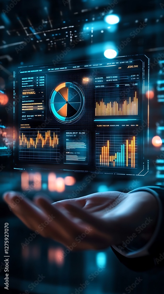Poster 3D financial analytics dashboard with floating elements, showcasing a modern design and data visualization.