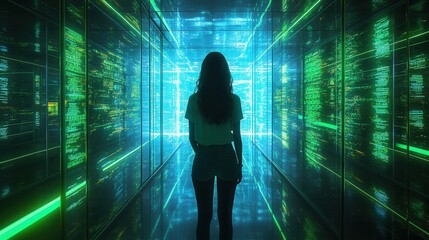 Woman standing in futuristic data center, glowing green code lines on walls. Illustrates concepts of technology, data, future, and digital world.