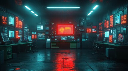 Cyberpunk control room; neon glow; server; futuristic
