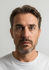 Obraz premium Serious Young Man with Blond Hair and Blue Eyes Staring Intently in Dark Clothing