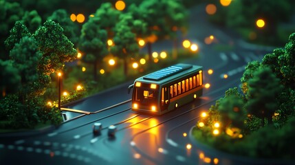Obraz premium Miniature Solar Bus Traveling Through Park at Night with Lights