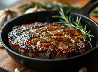 Charred Grilled Beef Steak Ribeye in Cast Iron Pan with Garlic and Rosemary