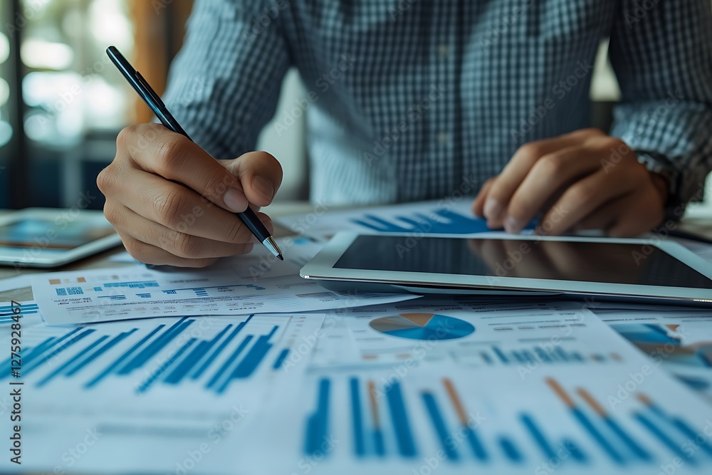 Poster image of a financial expert analyzing revenue growth statistics, showcasing data insights and trends