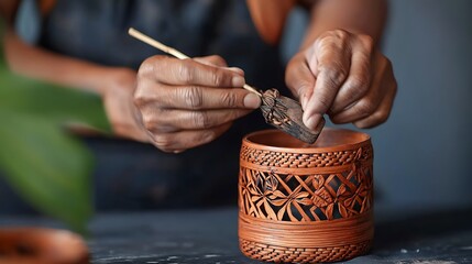 Artisan carefully carving intricate patterns on a handcrafted clay pot in a cozy workshop setting