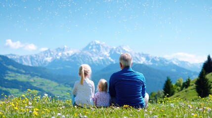 Fototapeta premium Family mountain view summer meadow relaxing
