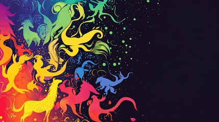 Rainbow mythical creatures, swirling design, dark background, fantasy art, website banner