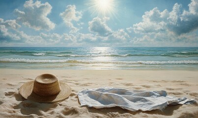 Obraz premium Beach scene with hat towel and bright sunshine on waves.