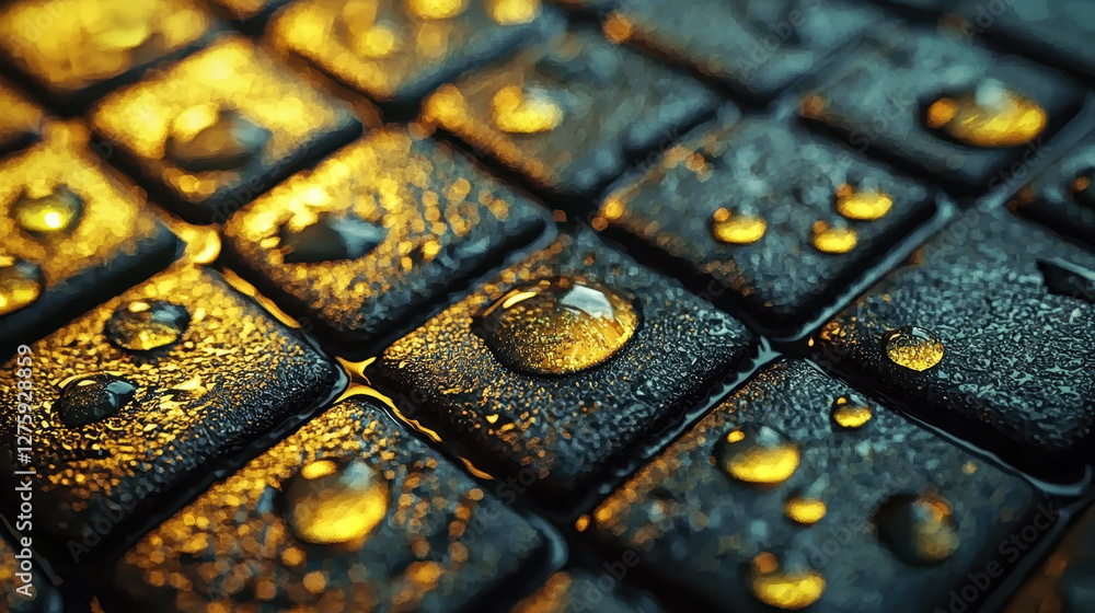 Poster raindrops create rhythmic patterns on cobblestones during spring rain in urban setting