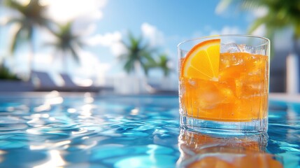 Icy orange drink in glass by poolside. Perfect for summer vacation themes, travel blogs, or refreshing beverage advertising.