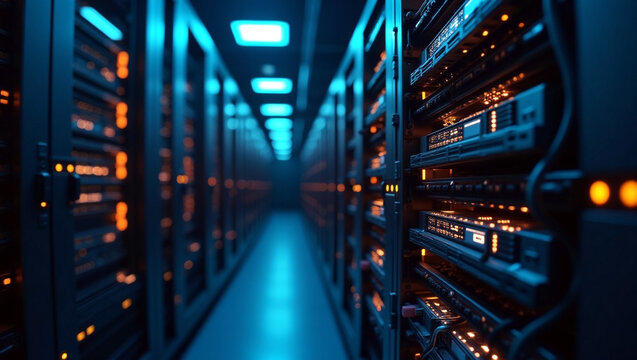 a long hallway with rows of servers